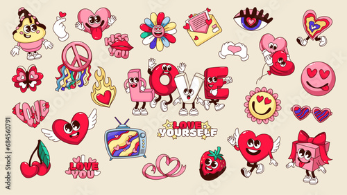 Groovy love emoji set vector illustration. Cartoon isolated retro collection of psychedelic funky characters with arms and legs, cute funny hearts and word Love, romantic stickers with hippie vibe