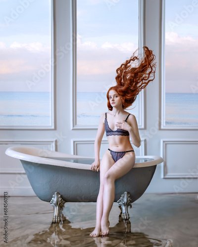 Photo of a red-haired girl in the style of Botticelli's Venus painting