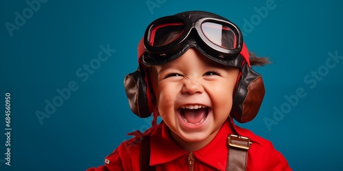 A vibrant image of a young boy pretending to be a pilot, wearing goggles and a makeshift uniform photo