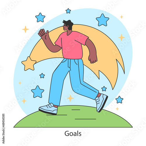 Goals concept. A person strides towards aspirations, reaching for the stars that symbolize achievements and objectives. Pursuing ambitions with confidence. Flat vector illustration.