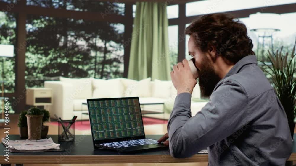 Independent economist studying market's developments from his elegant residence in the woods, opening notebook to read financial revisions. Businessman lives in opulent alpine mansion. Independent economist studying market's developments from his elegant residence in the woods, opening notebook to read financial revisions. Businessman lives in opulent alpine mansion.