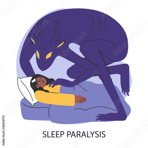 Sleep paralysis. Sleep or mental health disorder causing night's terror. Young woman with hallucinations terrified by shadowed figure. Woman lying in bed at night. Flat vector illustration.