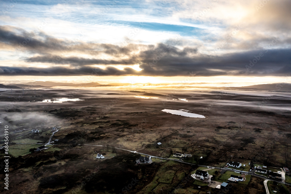 Aerial view of Lough fad in the morning fog, County Donegal, Republic of Ireland Aerial view of Lough fad in the morning fog, County Donegal, Republic of Ireland