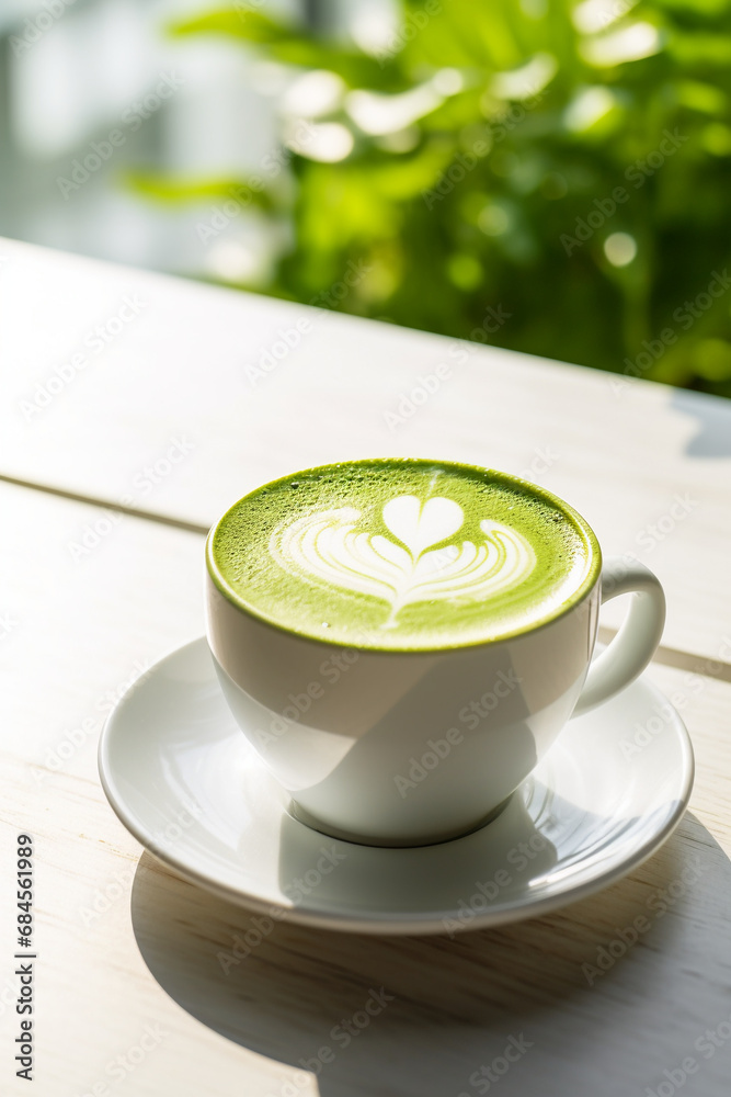 Vibrant Serenity: Matcha Latte with Latte Art Set on a White Table on a Sunny Day Vibrant Serenity: Matcha Latte with Latte Art Set on a White Table on a Sunny Day