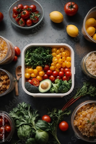 Top view of healthy vegetarian food in containers. A lot of vegetables tomatoes, avocados, cucumbers, eggs, meat, fruits, herbs, nuts, dishes on the table. Delivering a balanced nutrition concept.