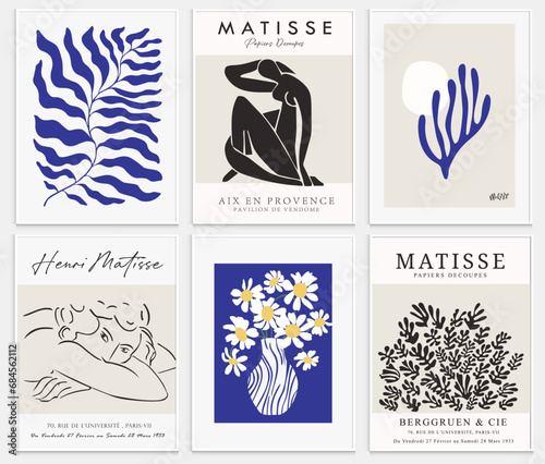Contains Abstract Art Set in Matisse style, Decorative Modern Art, Vector illustration poster. Collection for trendy floral decoration.