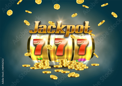 Shining sign Jackpot with slot machine and coins. Lucky seven on slot machine. Vector illustration.