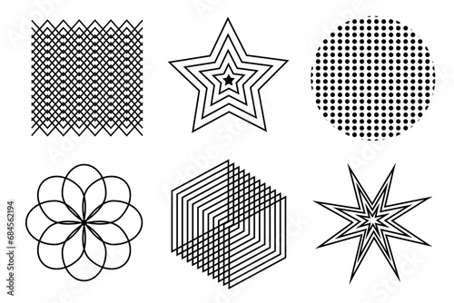 Abstract geometric and intersecting shapes. Vector illustration of different contour objects. Drawing of line elements.