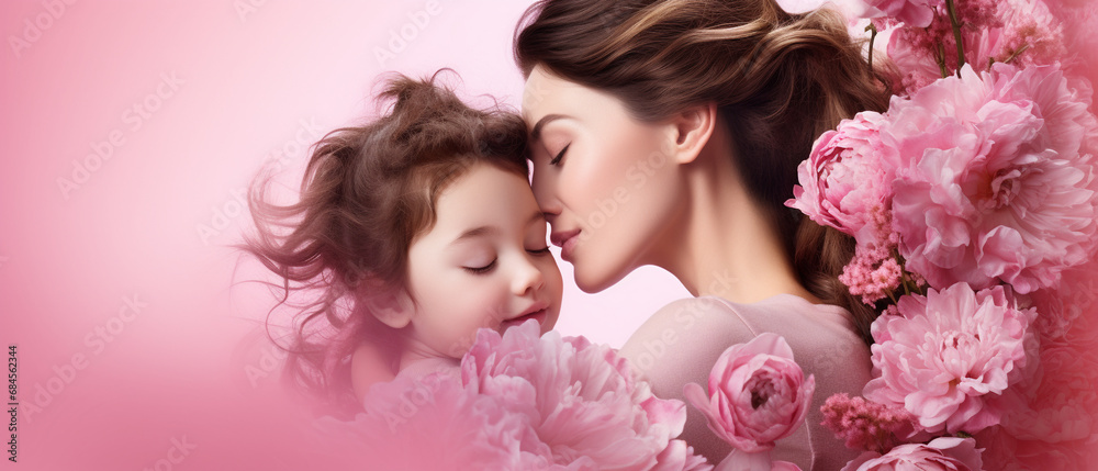 Tender Affection: Mother and Child Embrace on Pink Background, Honoring Mother's Day Tender Affection: Mother and Child Embrace on Pink Background, Honoring Mother's Day