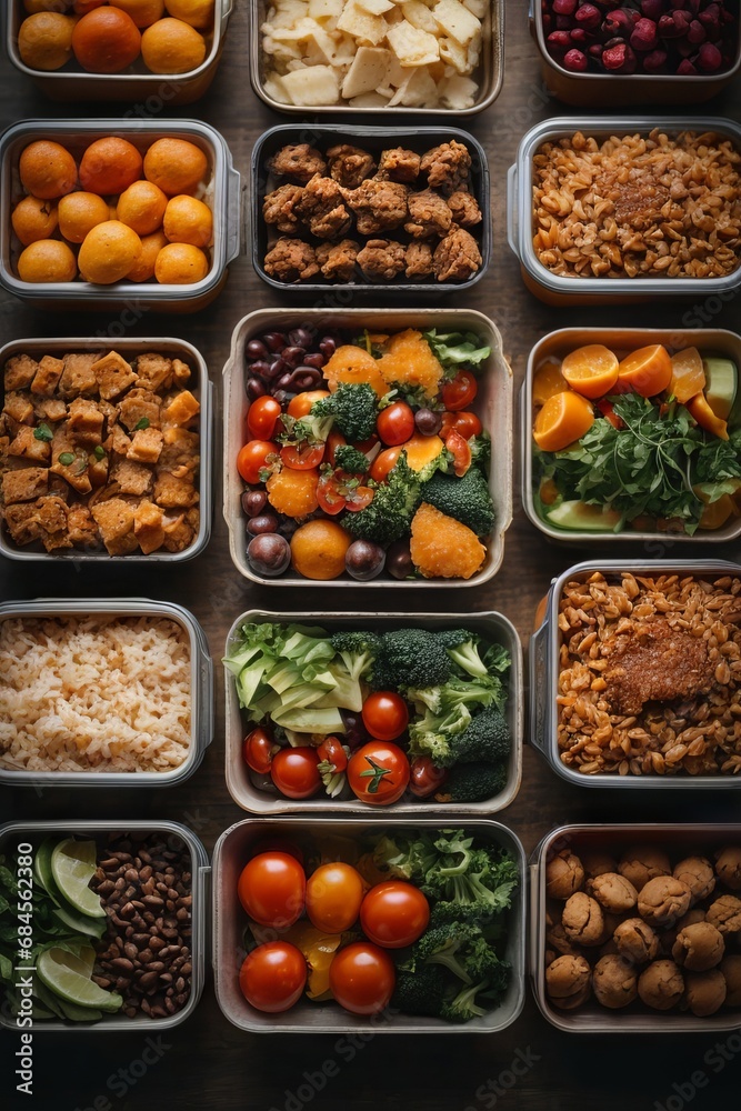 Top view of healthy food in containers. A lot of vegetables tomatoes, avocados, cucumbers, eggs, meat, fruits, herbs, nuts, dishes on the table. Delivering a balanced nutrition concept.