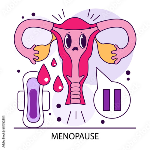 Menopause. Ovum character charting hormonal shifts. Female reproductive organ, uterus with a pause sign. End of a woman's menstrual cycle. Reproductive health. Flat vector illustration.