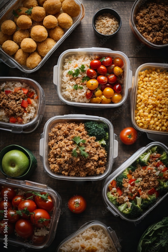 Top view of healthy food in containers. A lot of vegetables tomatoes, avocados, cucumbers, eggs, meat, fruits, herbs, nuts, dishes on the table. Delivering a balanced nutrition concept.
