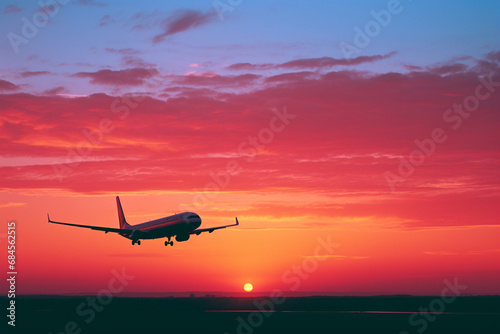 An airplane silhouetted against a vibrant orange and pink sunset, creating a stunning and atmospheric scene.