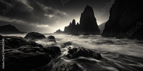 Nautical marine seascape sea ocean waves rocks landscape background in monochrome black and white