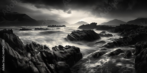 Nautical marine seascape sea ocean waves rocks landscape background in monochrome black and white
