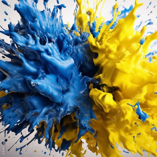 Yellow and blue splashes of paint flying in different directions. Liquid explosion. photo