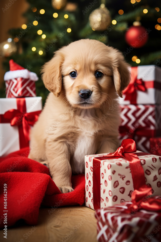 Puppy Surprise: Adorable Pup Surrounded by Christmas Gift Boxes Under the Tree