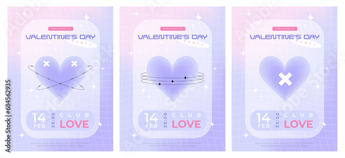 Fototapeta Naklejka Na Ścianę i Meble -  Modern y2k design Valentine's Day party invitation, banner, poster set. Trendy aesthetic minimalist vector illustrations with hearts, abstract shapes, stars, gradient and typography.