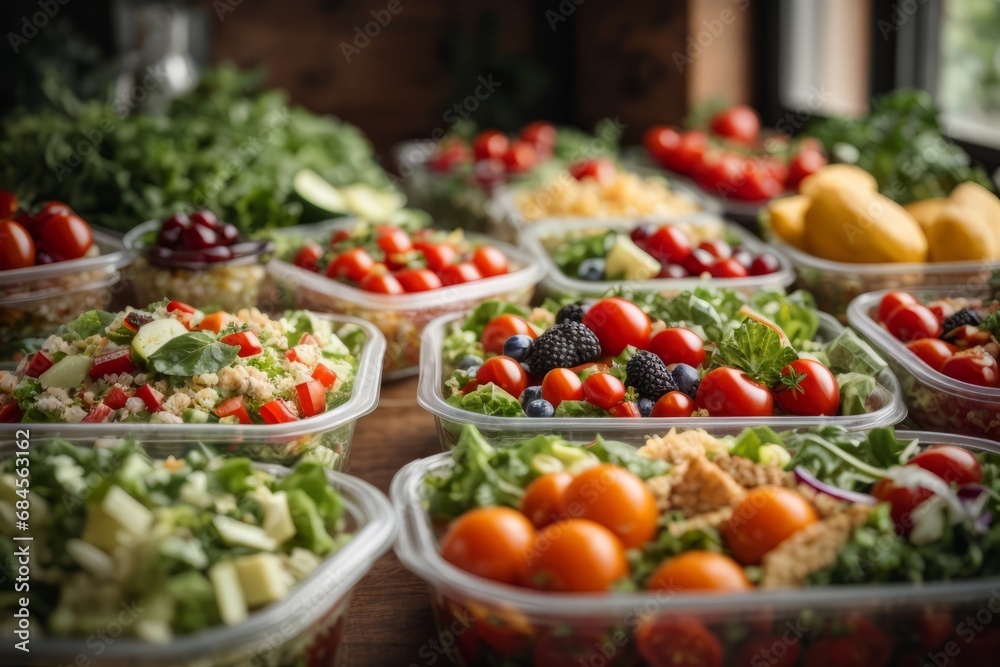 Close-up of healthy vegetarian food in containers. A lot of vegetables, fruits, herbs, dishes on the table. Delivering a balanced nutrition concept.