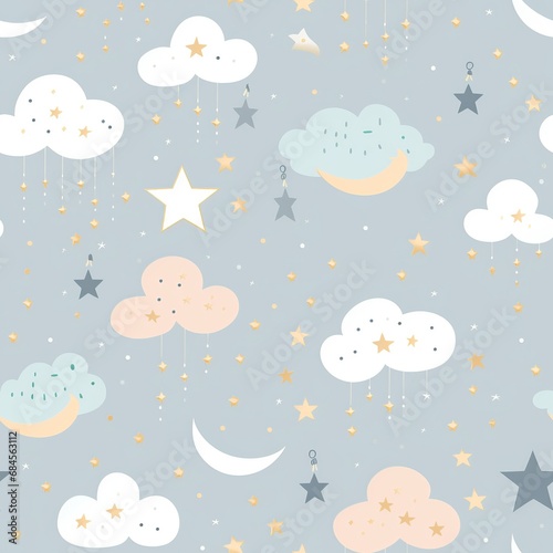 Pastel Clouds and Stars Nursery Pattern on Dotted Grey Background  