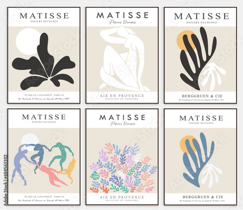 Contains Abstract Art Set in Matisse style, Decorative Modern Art, Vector illustration poster. Collection for trendy floral decoration.
