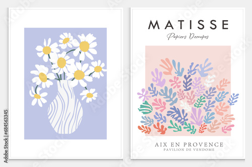 Contains Abstract Art Set in Matisse style, Decorative Modern Art, Vector illustration poster. Collection for trendy floral decoration.