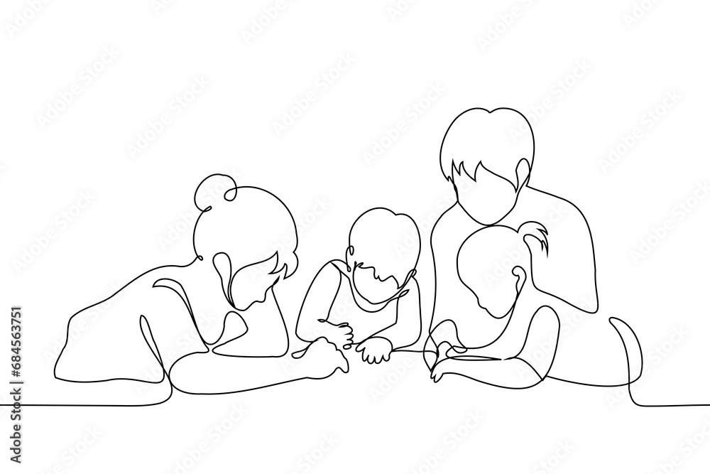 adults playing on the floor with children - one line art vector. nanny concept, heterosexual family adults playing on the floor with children - one line art vector. nanny concept, heterosexual family