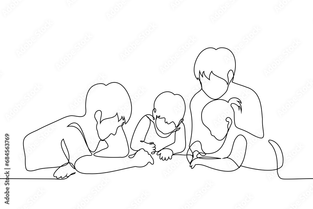 men playing on the floor with children - one line art vector. male nanny concept, gay family