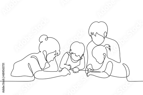 adults playing on the floor with children - one line art vector. nanny concept, heterosexual family