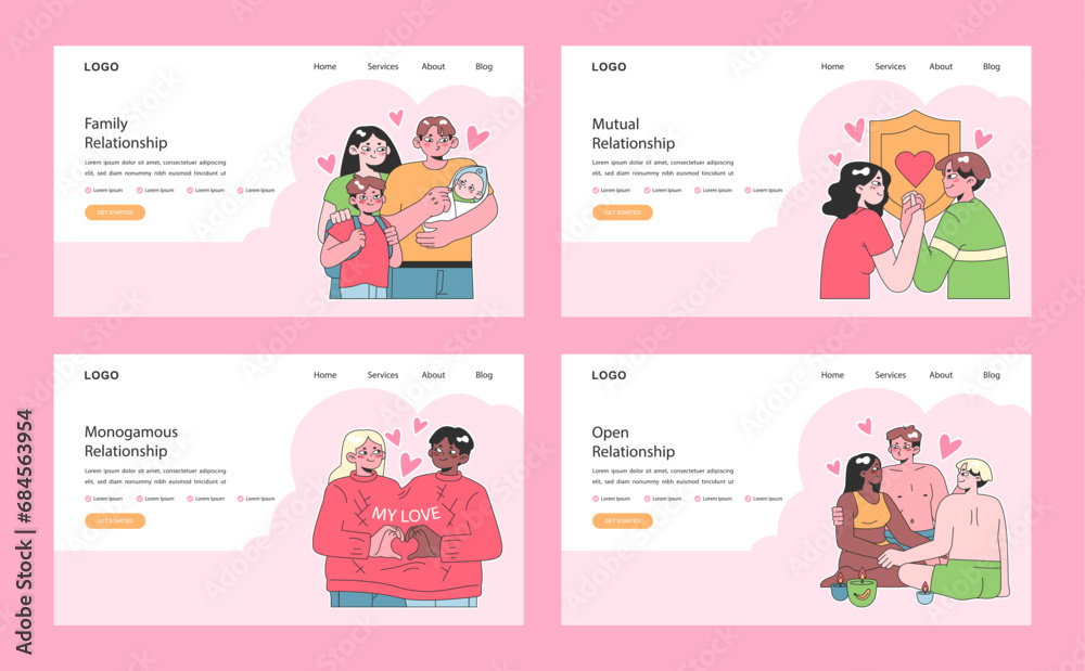 Relationships web or landing set. Diverse interpersonal romantic dynamics between characters. Mutual emotional connections across various scenarios. Flat vector illustration.