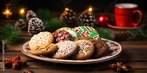  Still life of Christmas cookies wallpaper Christmas cookies in various shapes and colors with red cup on dark background Ai Generative