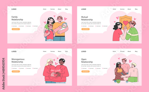 Relationships web or landing set. Diverse interpersonal romantic dynamics between characters. Mutual emotional connections across various scenarios. Flat vector illustration.