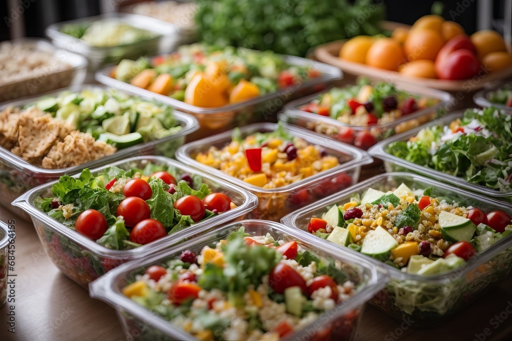 Close-up of healthy vegetarian food in containers. A lot of vegetables, fruits, herbs, dishes on the table. Delivering a balanced nutrition concept.