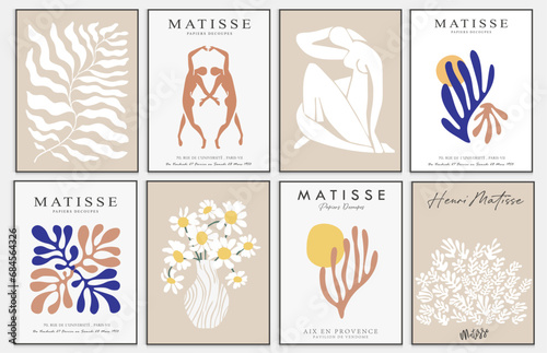 Contains Abstract Art Set in Matisse style, Decorative Modern Art, Vector illustration poster. Collection for trendy floral decoration.