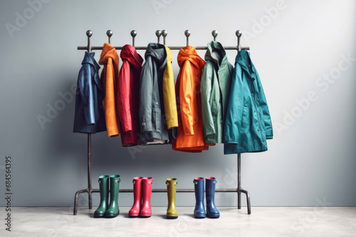 Collection of colorful raincoats on a coat rack with boots
