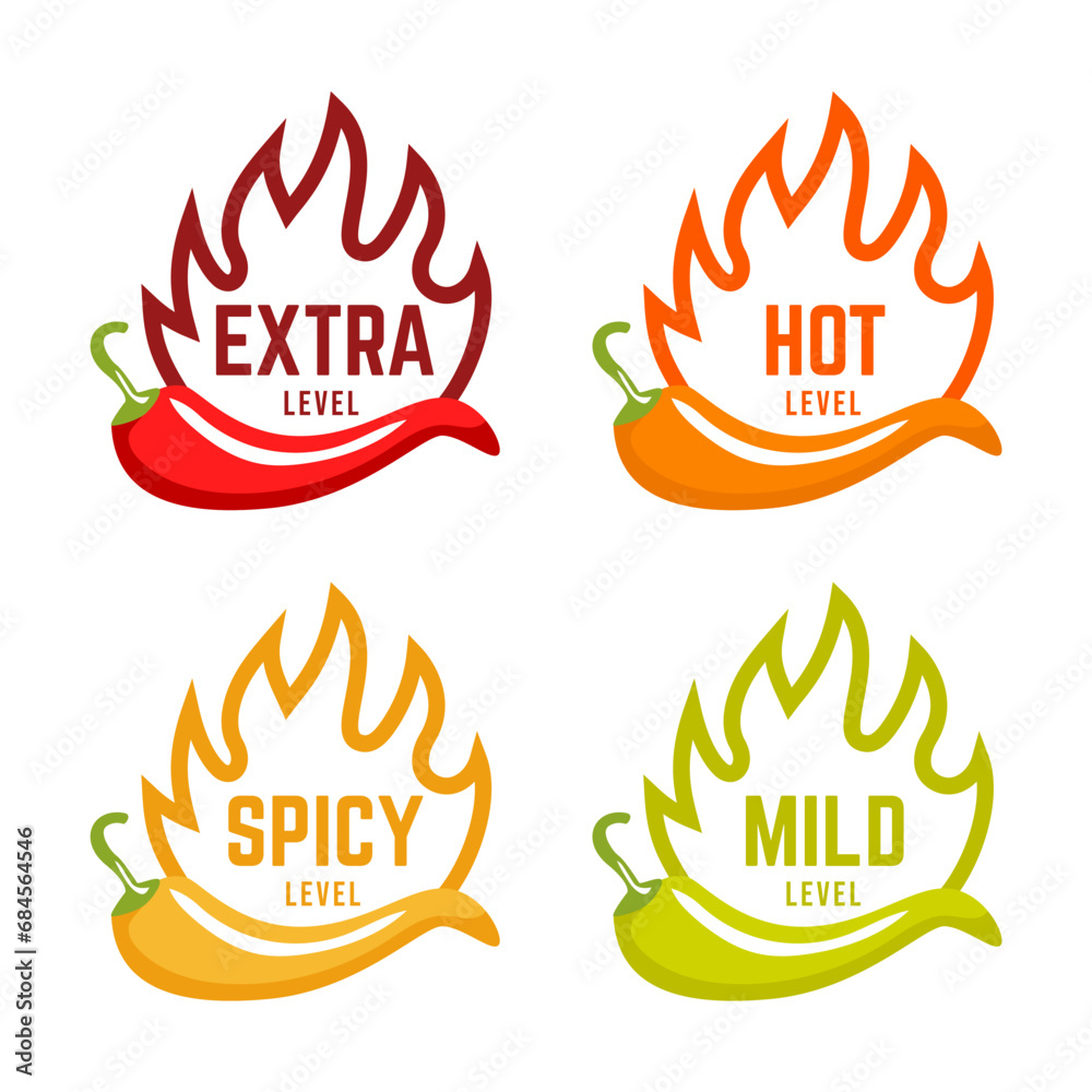 Hot spicy level labels of vector chili. Spicy food or sauce taste scale indicators, green, red, yellow and orange rating signs for hot, extra and mild taste Hot spicy level labels of vector chili. Spicy food or sauce taste scale indicators, green, red, yellow and orange rating signs for hot, extra and mild taste