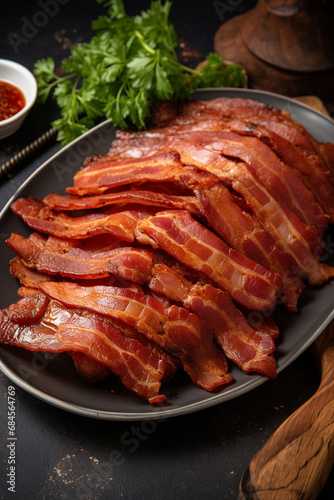 Tempting Treat: Cooked Turkey Bacon Presented on a Serving Plate