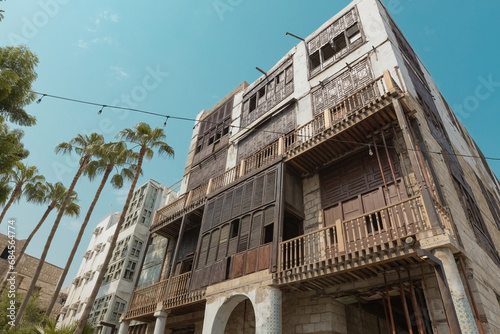 Traditional architecture of old Jeddah town El Balad district houses with wooden windows and balconies Unesco Heritage site in Jeddah Saudi Arabia photo