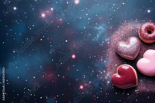 sweets galaxy for Valentine's day, heartshaped chocolate heart donuts on the background of stars, dark blue and crimson, imaginative spacescapes, matte background, silver and crimson, matte photo, dar photo