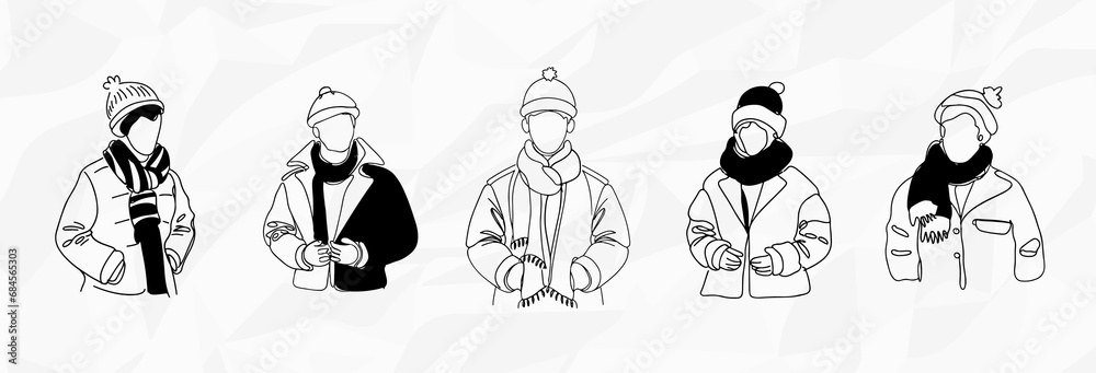 Bundle mit Vektorgrafiken von Lineart-Illustrationen von Männern in Winterkleidung Bundle mit Vektorgrafiken von Lineart-Illustrationen von Männern in Winterkleidung