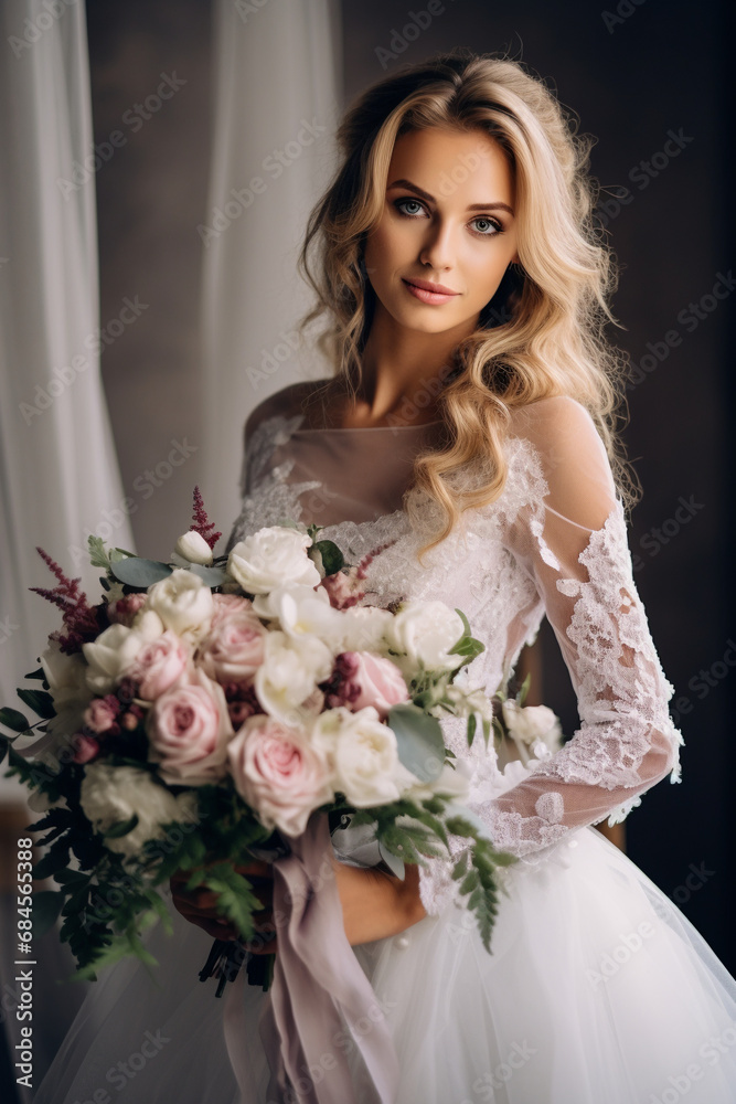 Naklejka premium Bridal Elegance: Unidentified Bride Holding Bouquet in Wedding Dress on Her Special Day