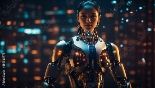 beautyful female android with a human face and robotic body,AI technology concept,portrait of a robot, robotic face, blurred background. ai generative