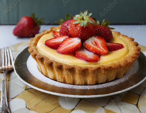 A typical French pastry, the strawberry tart. The crisp, golden crust is filled with light custard and juicy fresh strawberries. A delicate sweet dessert  photo