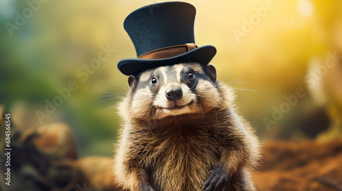 Cute marmot wearing a top hat on his head among the forest on a sunny day.
