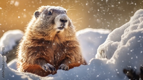 A cute, fluffy marmot crawled out of its hole among the white snow on a sunny day.