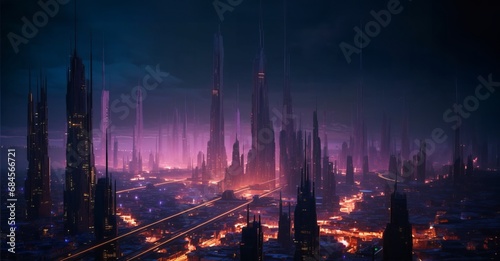 Futuristic city of the future, gloomy tones, fog, strict geometry, burning lights in high-rise buildings