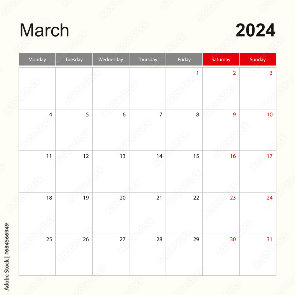Wall calendar template for March 2024. Holiday and event planner, week starts on Monday. - obrazy, fototapety, plakaty 