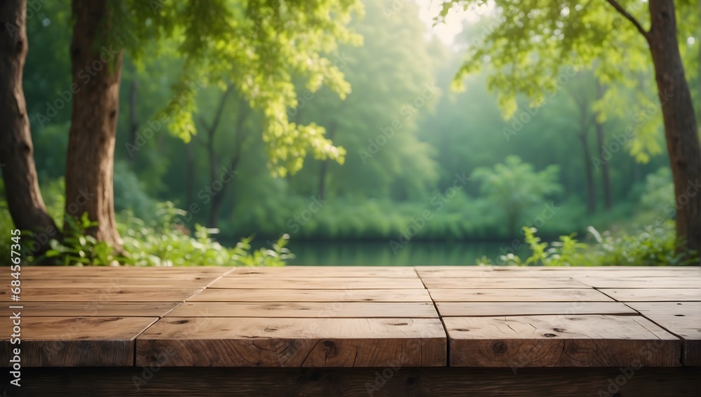 Empty old wooden table with green nature background Empty old wooden table with green nature background