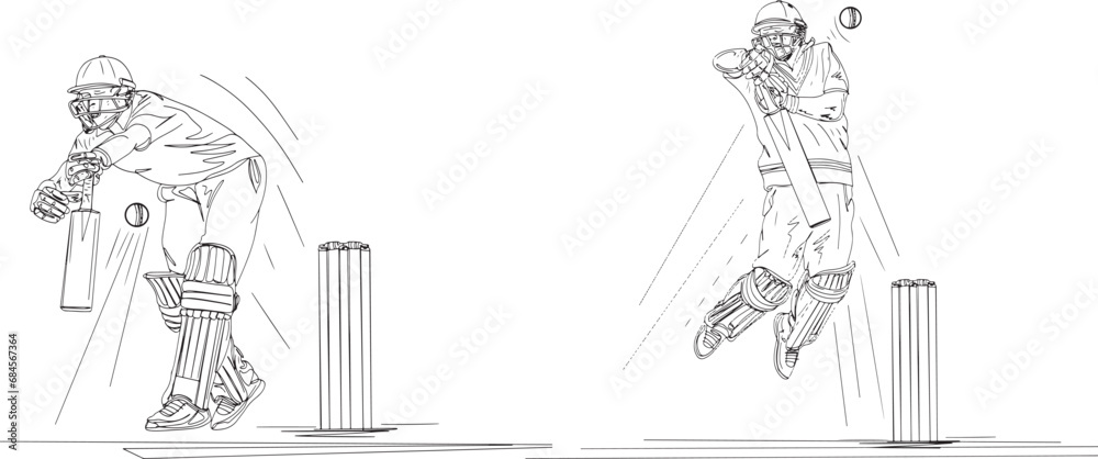 Cartoon Sketch: Cricket Batsman Clip Art in Uncomfortable Play, Illustration of Batsman in Trouble: Facing Fast Bowler, Playful Fear: Cartoon Drawing of Cricket Batsman Unsettled