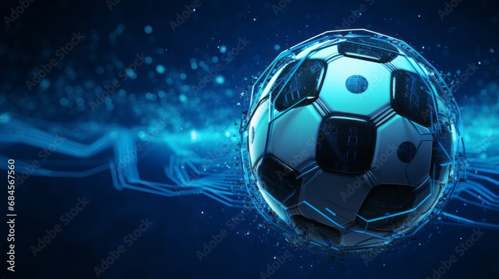 Naklejka premium dynamic soccer ball on futuristic blue background - sports and technology concept